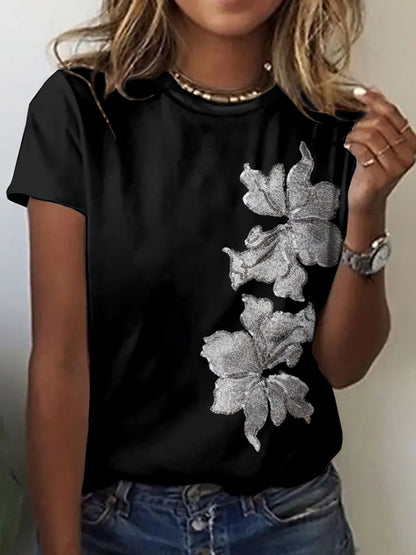 Cardydony Vintage Embroidered Sequin Maple Leaf Pattern Print Art Party Round Neck Tshirt