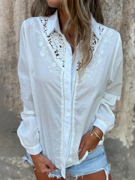 Cardydony Vintage Floral Lace Art Linen Blend Long-sleeved Shirt