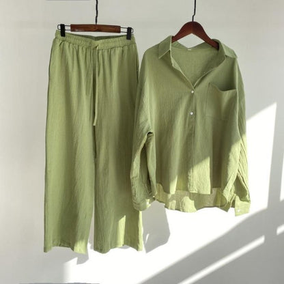 Cardydony Women's Vintage Flower Embroidery Cotton Linen Shirt And Pants Two-piece Set