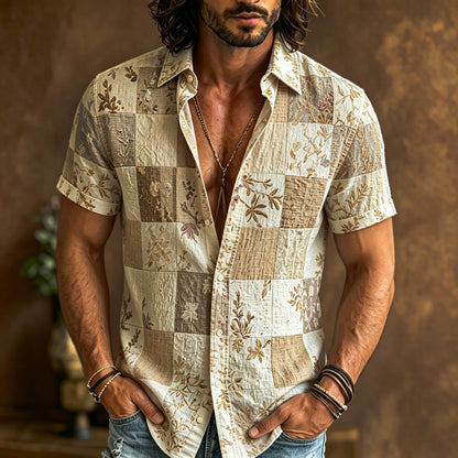 Cardydony Men's Bohemian Patchwork Floral Print Cotton And Linen Comfortable Short-sleeved Shirt