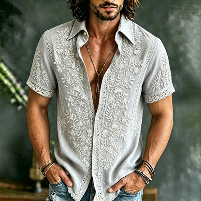 Cardydony Men's Vintage Floral Art Flowy Linen Blend Shirt