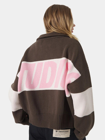 Cardydony Women's Retro Jacquard Letter Zip Up Sweater – Sporty Colorblock Knit Cardigan