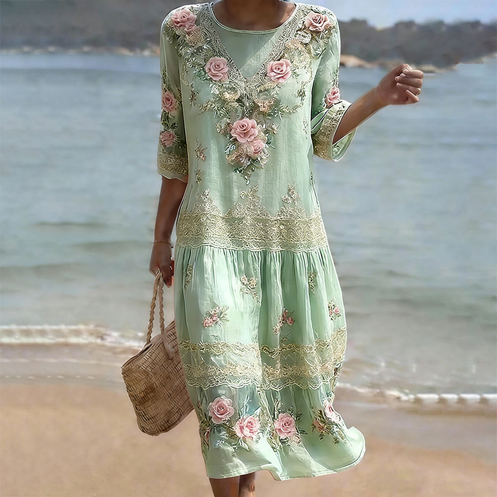 Cardydony Women's Vintage Pink Flower Embroidery Art Midi Dress