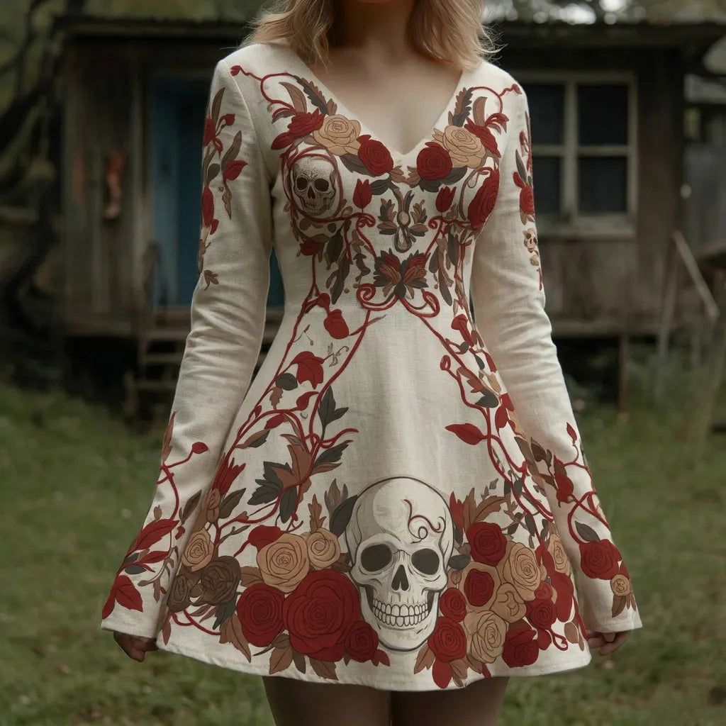 Cardydony Women's Retro Halloween Skull And Floral Print V-neck Long Sleeve Dress