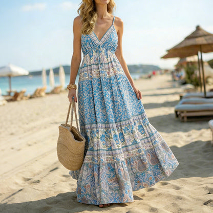 Cardydony Boho Paisley Patchwork Patterns Maxi Suspender Dress