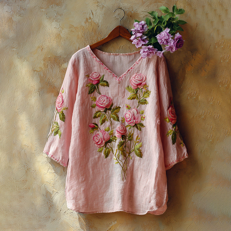 Cardydony Retro Rose Embroidery Pattern Linen Blend Three-quarter Sleeve Tops
