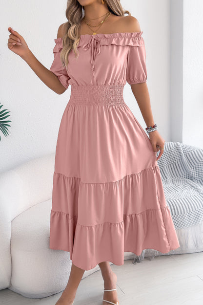 Cardydony Women's Stylish Off-shoulder Short-sleeved Pleated Waist Casual Midi Dress