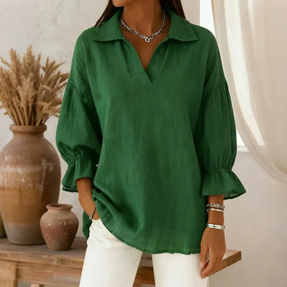 Cardydony Women's Solid Color Collared Cotton-Linen Blend Long Sleeve Loose Blouse