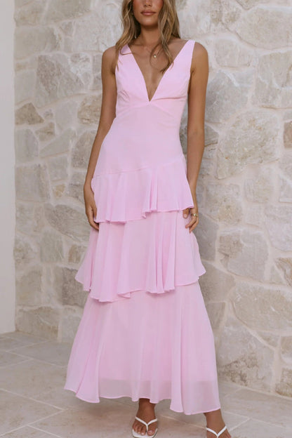 Cardydony Women's Solid Color V-neck Sleeveless Elegant Layered Maxi Dress