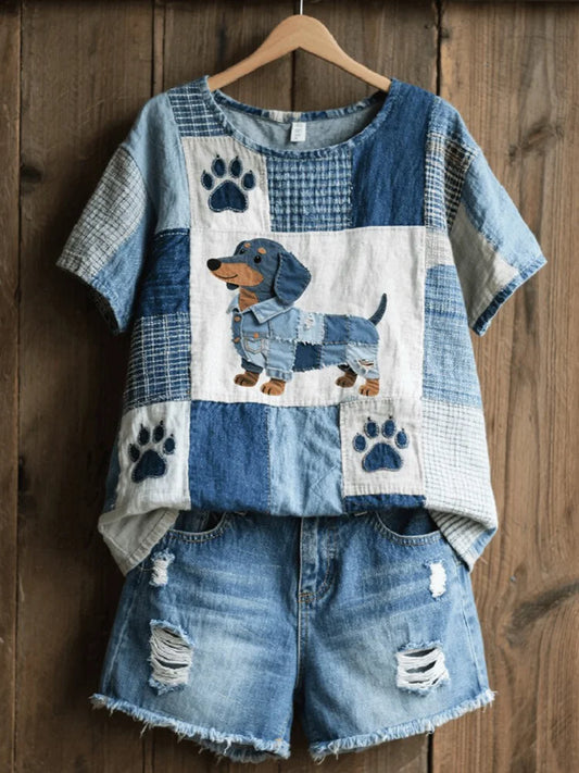Cardydony Women's Retro Patchwork Dachshund Print T-shirt