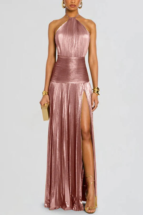 Cardydony Women's Glamorous Metallic Pleated Fabric Open Back Halter Slit Maxi Dress