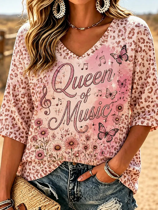 Cardydony Women's V-neck Leopard Print Commemorative T-shirt, Decorated With Butterfly And Wildflower Garden Patterns.