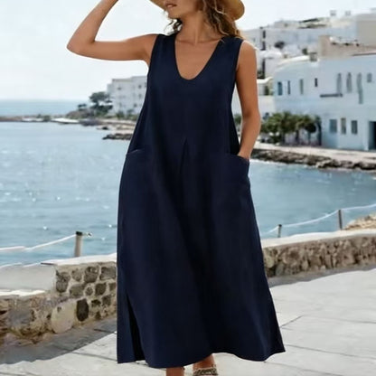 Cardydony Women's Solid Color U-neck Sleeveless Pocket Slit Vest Midi Dress