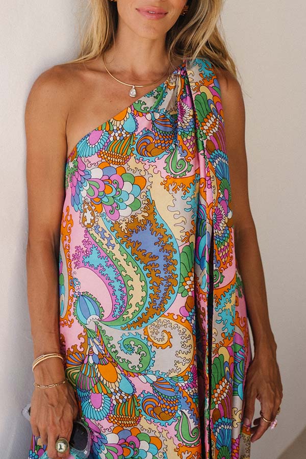 Cardydony Women's Rainbow Breeze Satin Unique Print Bow One Shoulder Loose Maxi Dress