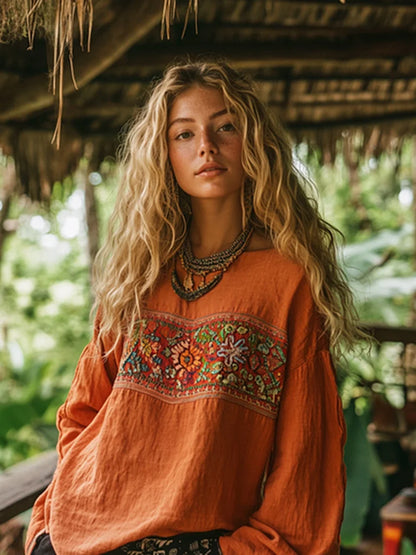 Cardydony Retro Bohemian Art Embroidery Print Cotton And Linen Blend Loose Blouse