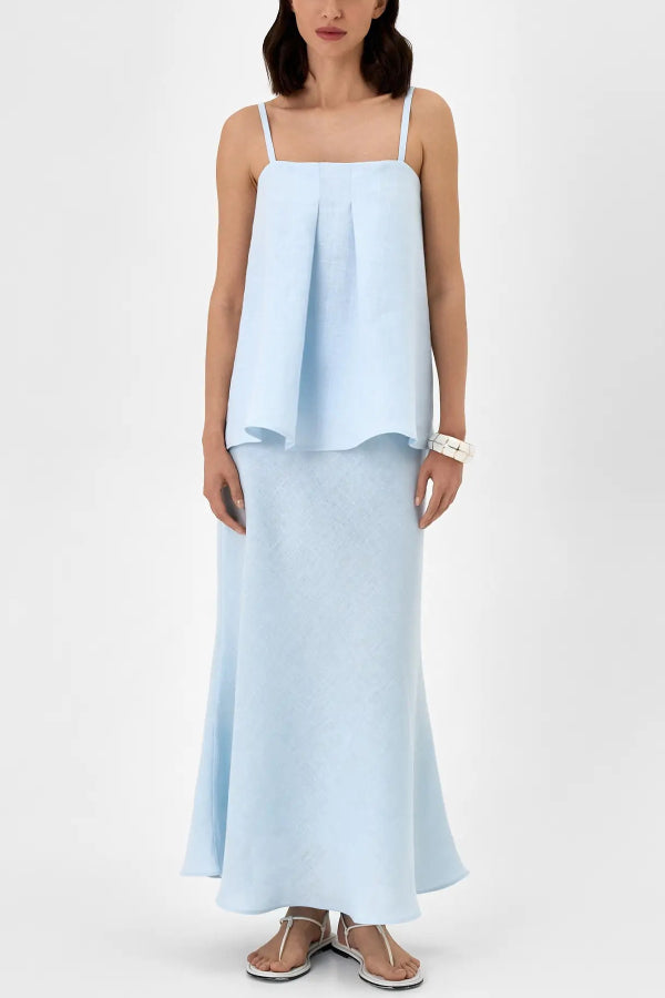 Cardydony Women's Linen Blend Loose Square Neck Camisole Top and Elegant Resort Maxi Skirt Set