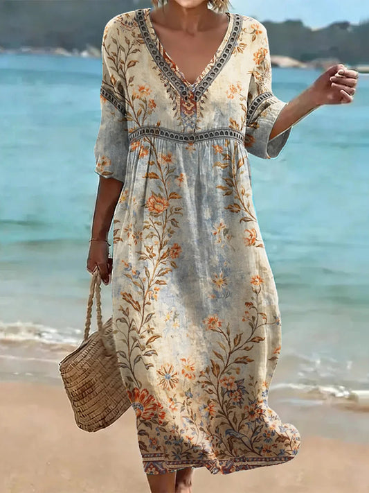 Cardydony Women's Solid Color Linen Blend Loose Three-quarter Sleeve V Neck Dress