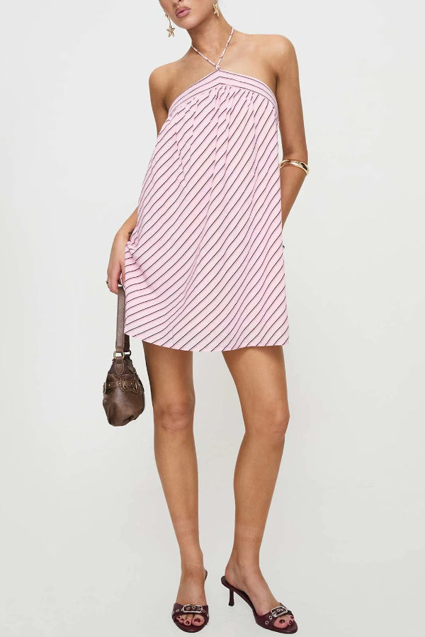 Cardydony Women's Striped Print Sleeveless Halter Neck Loose Vacation Mini Dress