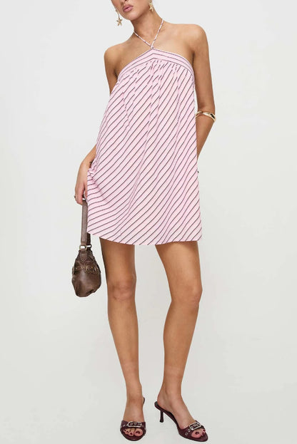 Cardydony Women's Striped Print Sleeveless Halter Neck Loose Vacation Mini Dress