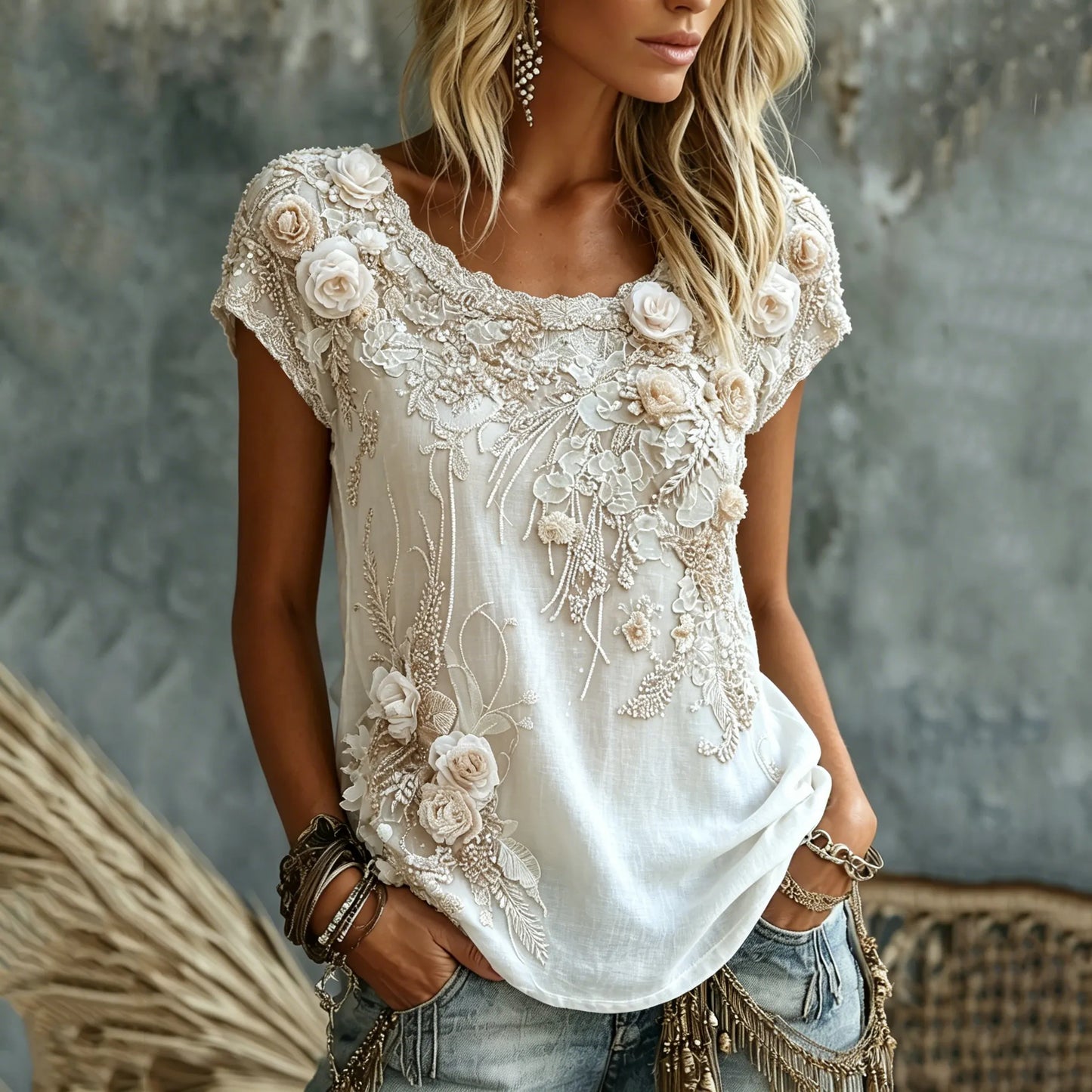 Cardydony Women's Retro Bohemian Floral Pattern Casual Cotton-linen Blend T-shirt