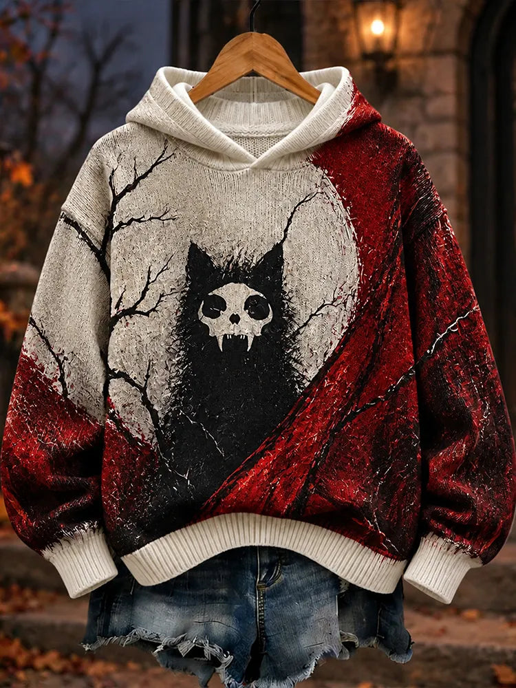Cardydony Women's Halloween Spooky Skull Black Cat Moon Graphic Hooded Sweater