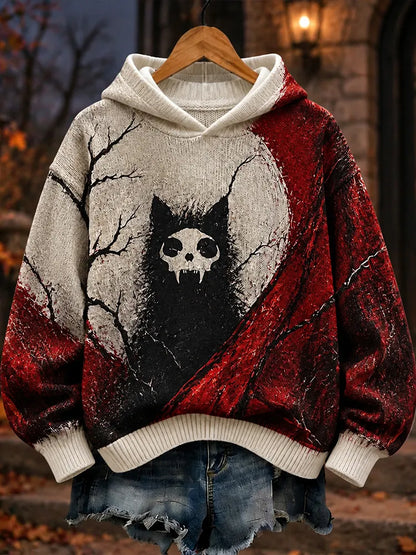 Cardydony Women's Halloween Spooky Skull Black Cat Moon Graphic Hooded Sweater