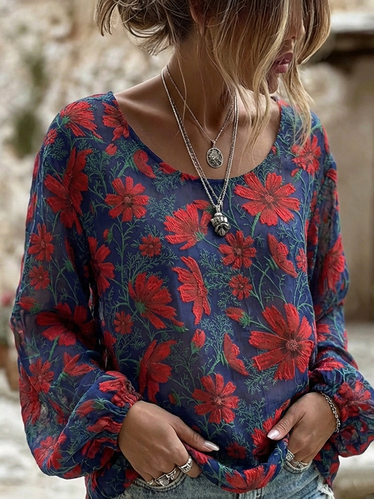 Cardydony Women's Retro Bohemian Floral Print Long Sleeve Linen Blend T-shirt