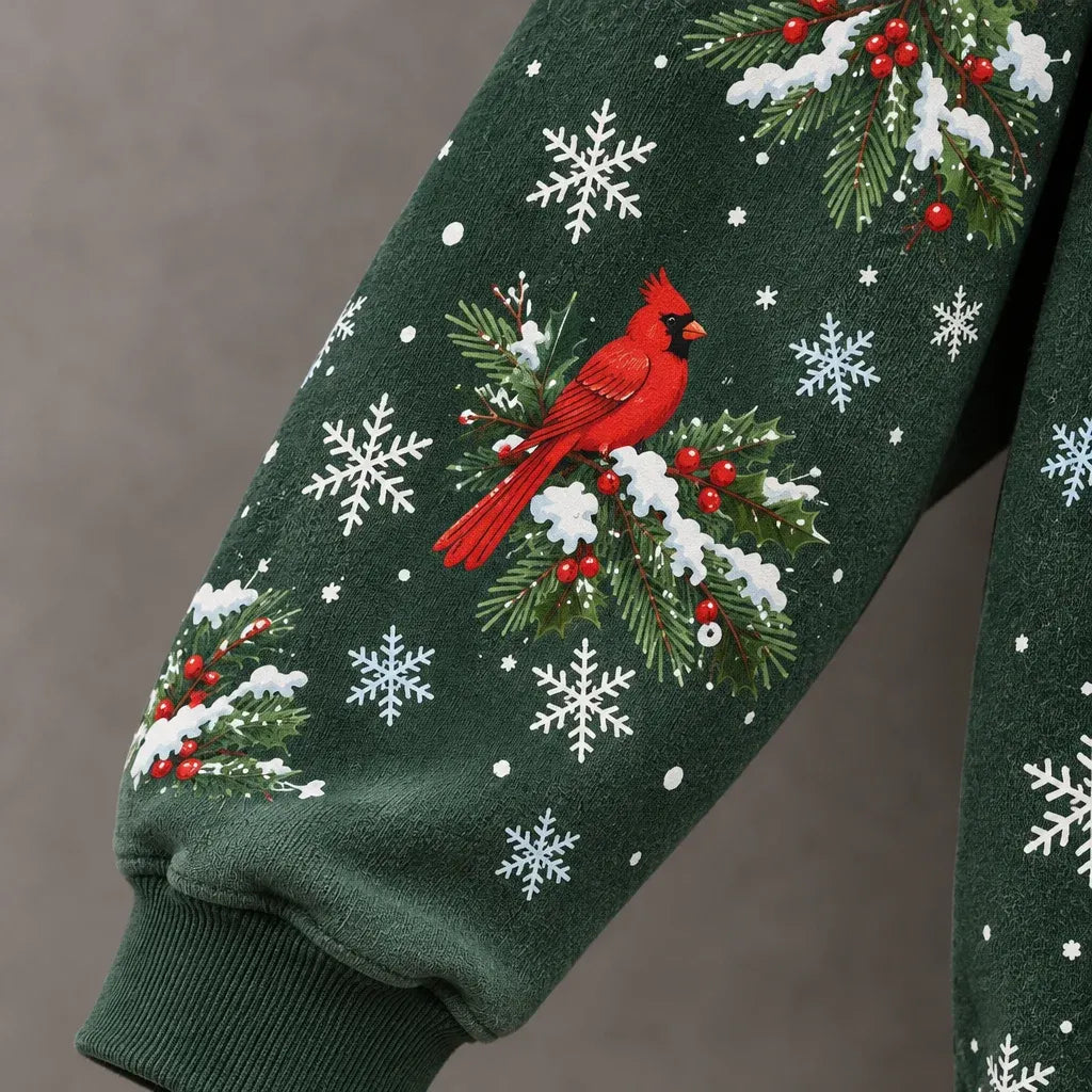 Cardydony Women's Festive Snowman Cardinal Christmas Tree Print Relaxed Fit Green Pullover Hoodie