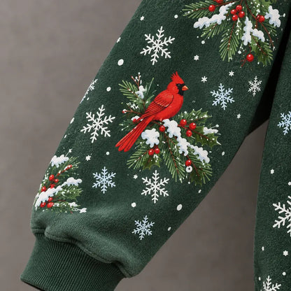 Cardydony Women's Festive Snowman Cardinal Christmas Tree Print Relaxed Fit Green Pullover Hoodie