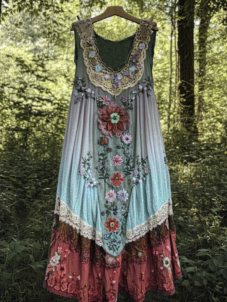 Cardydony Vintage Boho Lavender Art Linen Patchwork Art Linen Tank Dress