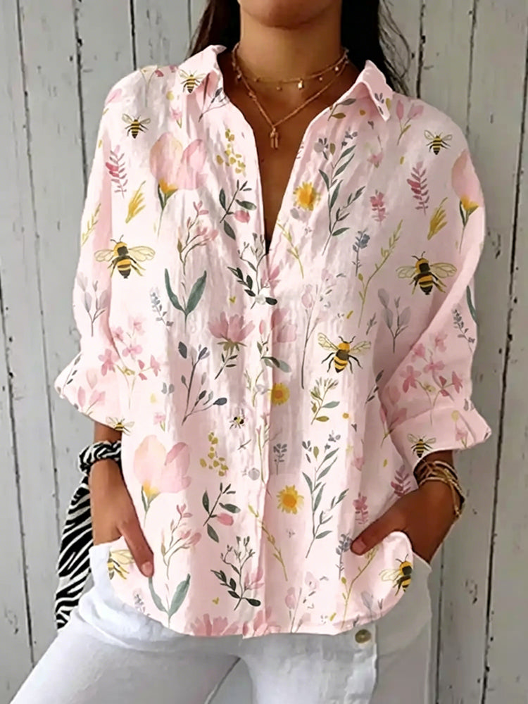 Cardydony Women's Vintage Bee Floral Art Print Casual Linen V-neck Shirt