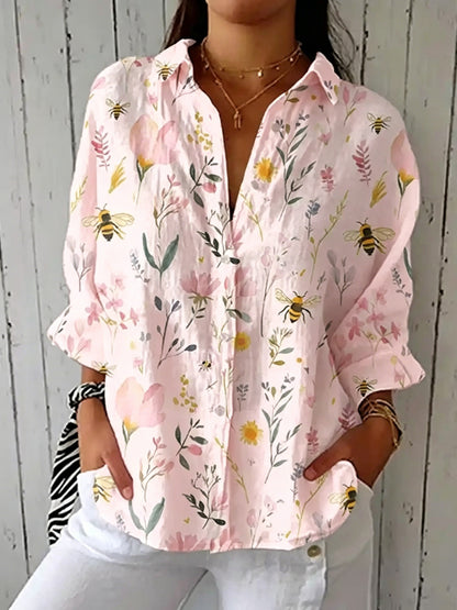 Cardydony Women's Vintage Bee Floral Art Print Casual Linen V-neck Shirt