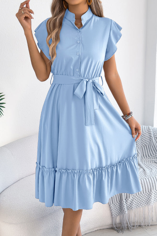 Cardydony Women's Solid Color Stand Collar Button Waist Tie Casual Midi Dress