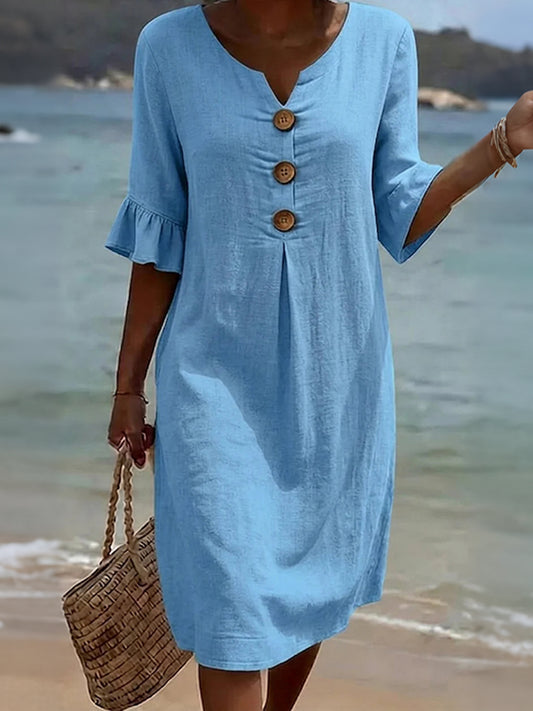 Cardydony Casual Solid-color Cotton V-neck Button Midi Dress