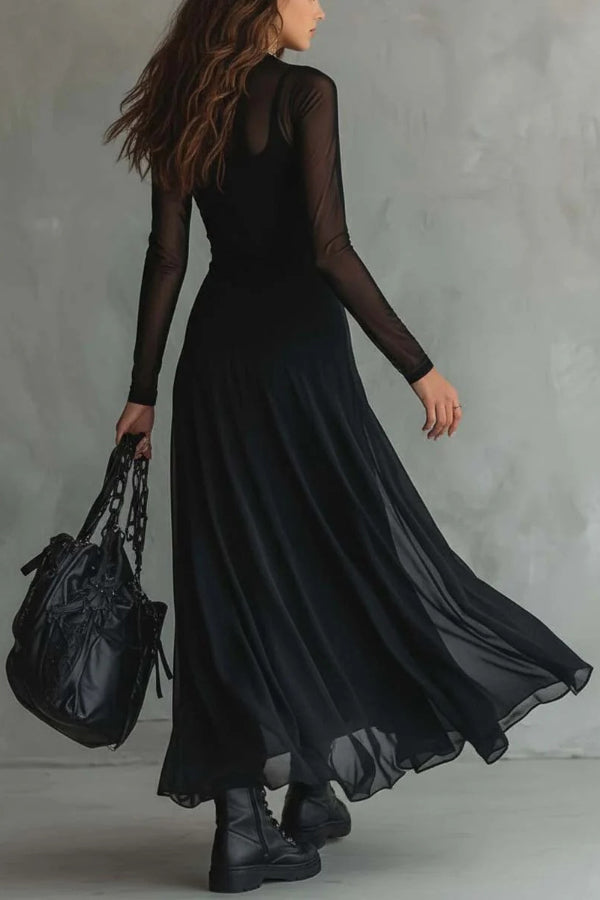 Cardydony Women's Fashionable Mesh-paneled Long-sleeved Slim-fit Maxi Dress