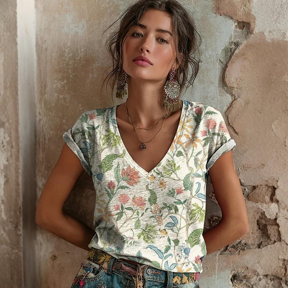Cardydony Women's Vintage Floral Print V-neck Short Sleeve T-shirt