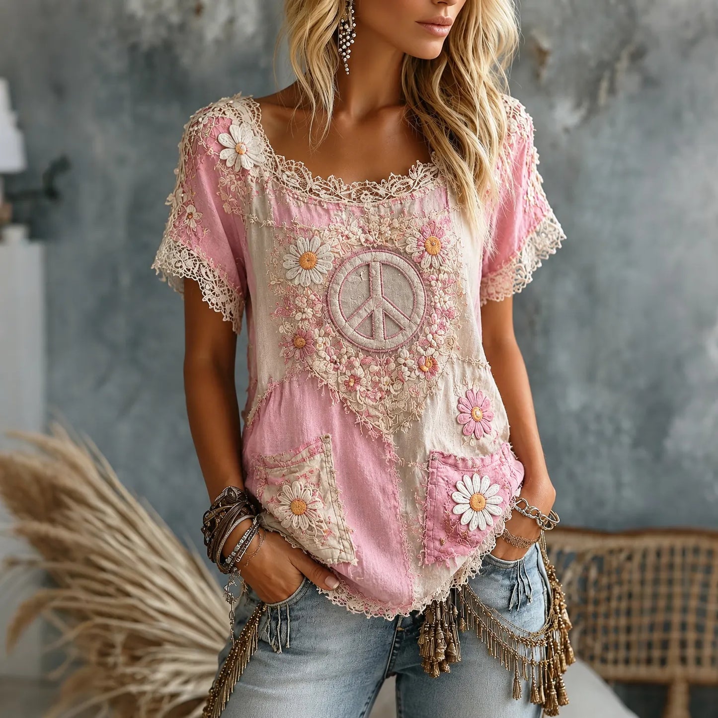 Cardydony Women's Floral Peace Art Printing Casual Short Sleeve T-shirt