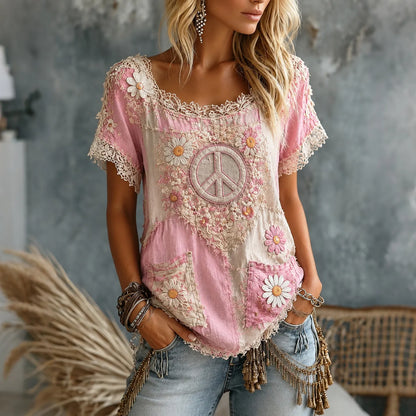 Cardydony Women's Floral Peace Art Printing Casual Short Sleeve T-shirt