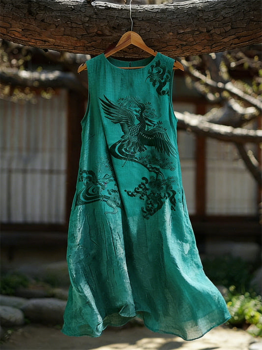 Cardydony Classy Japanese Cranes Art Flowy Linen Tank Dress