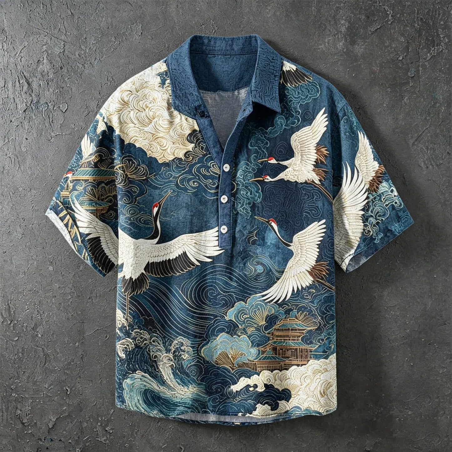 Cardydony Men's Retro Japanese Art Crane Print Cotton Linen Shirt