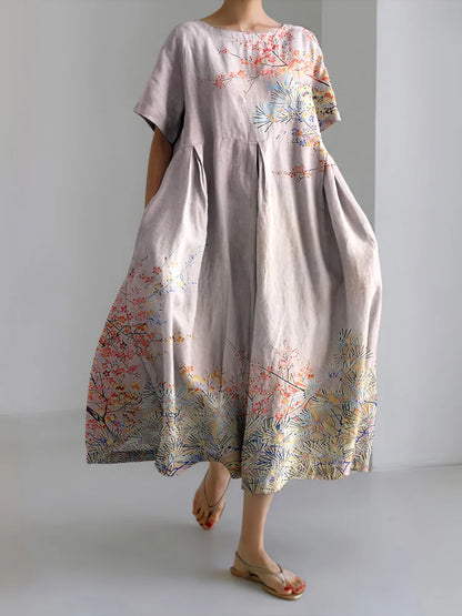 Cardydony Women's Japanese Cherry Blossoms Art Short Sleeve Midi Dress