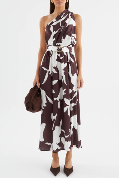 Cardydony Women's Unique Printed One-Shoulder Belt Casual Holiday Maxi Dress