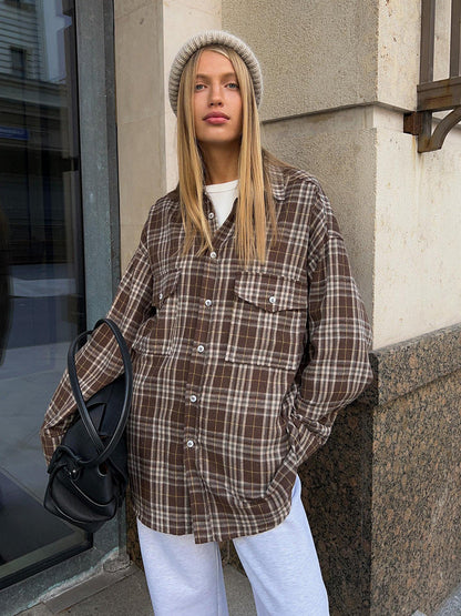 Cardydony Women's American Vintage Style Long Plaid Shirt with Double Pockets