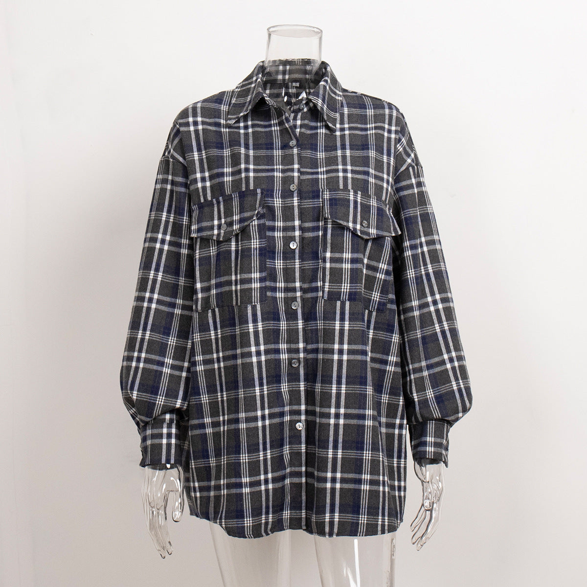 Cardydony Women's American Vintage Style Long Plaid Shirt with Double Pockets