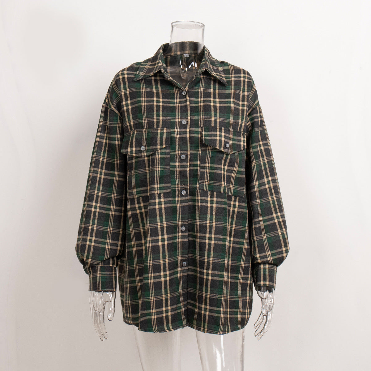 Cardydony Women's American Vintage Style Long Plaid Shirt with Double Pockets