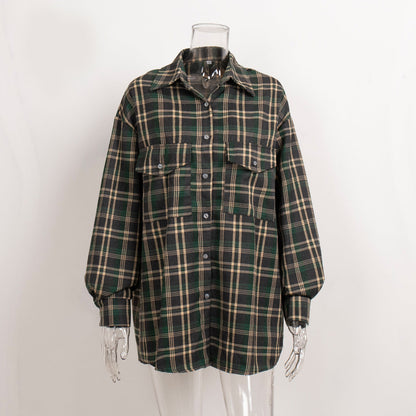 Cardydony Women's American Vintage Style Long Plaid Shirt with Double Pockets