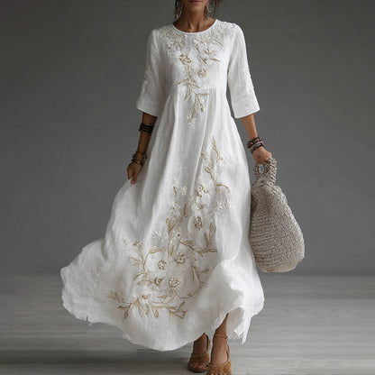 Cardydony Japanese Floral Art Embroidered Casual Linen Maxi Dress