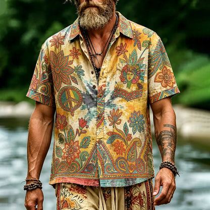 Cardydony Men's Hippie Floral And Peace Tie-dye Art Print Casual Shirt