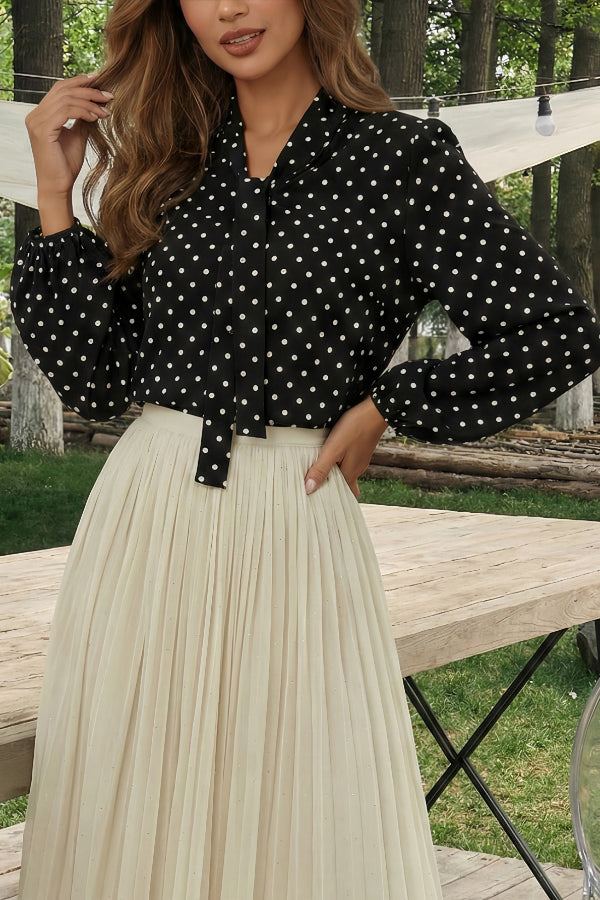 Cardydony Women's  Polka Dot Print Tie-up Long-sleeved Loose Casual Shirt