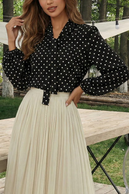 Cardydony Women's  Polka Dot Print Tie-up Long-sleeved Loose Casual Shirt